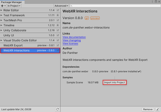 WebXR Interactions -> Import into project