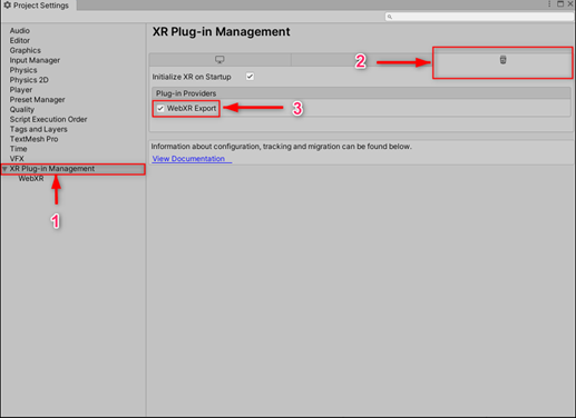 XR Plug-in Management (1) -> WebGL (2) -> Check WebXR Export (3)