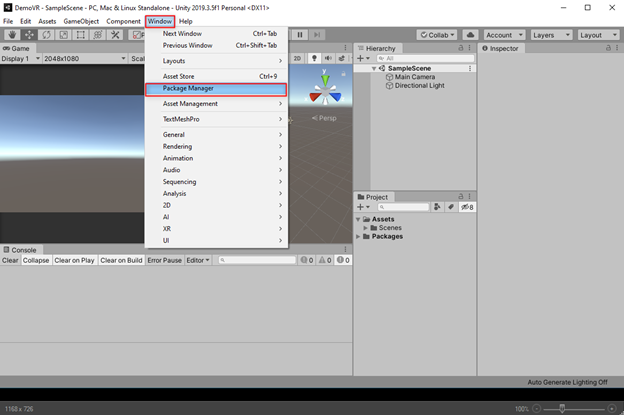 Để thêm 2 package hỗ trợ cho VR: Window -> Package Manager
